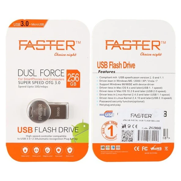 Faster 256 GB Dusl Serisi USB 3.0 Yüksek Hızlı Metal Flash Bellek - Resim 4