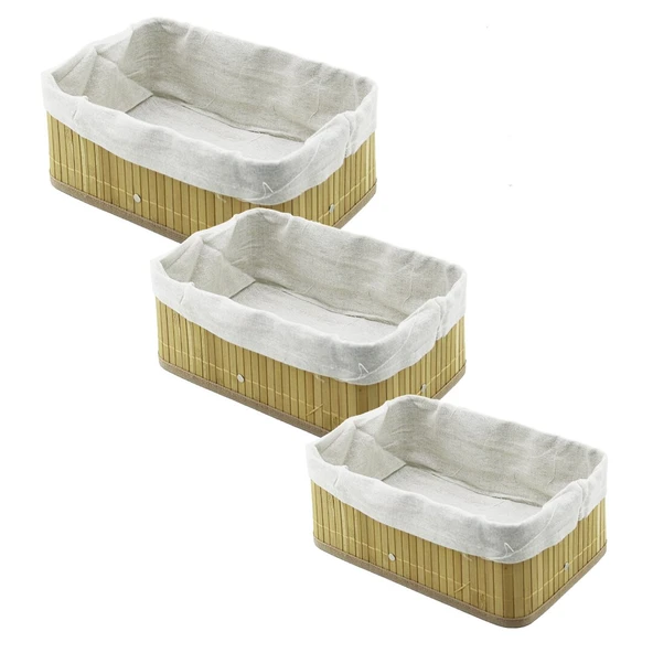3 BOY DİKDÖRTGEN BAMBU KENAR ORGANİZER SEPET AHŞAP ALTLIK - BEZLİ 13X20-16X24-20X31CM (5314) ürün görseli 1