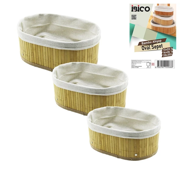 3 BOY  OVAL  BAMBU KENAR ORGANİZER SEPET AHŞAP ALTLIK - BEZLİ  13X22-16X26-20X30CM (5314) ürün görseli 1