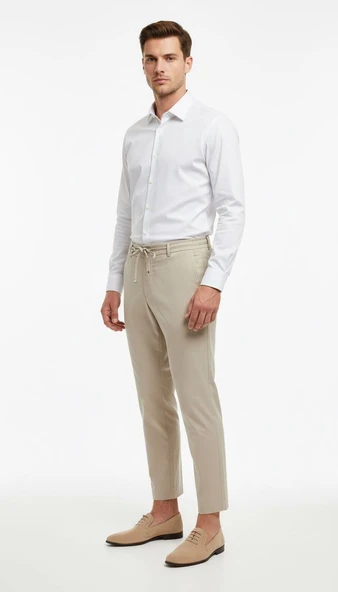 Erkek Bağcıklı Lastik Belli Slim Fit Kumaş Pantolon – Rahat Kalıp, Günlük & Şık Kombin Pantolonu - Resim 7