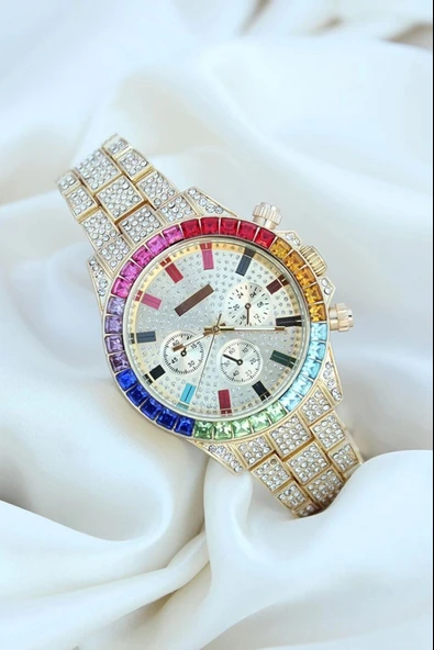 Clariss Trend Gold Metal Kordonlu Zirkon Taş Kaplama Renkli Taşlı Kasa Tasarımlı Lüx Kadın Kol Saati ürün görseli 1