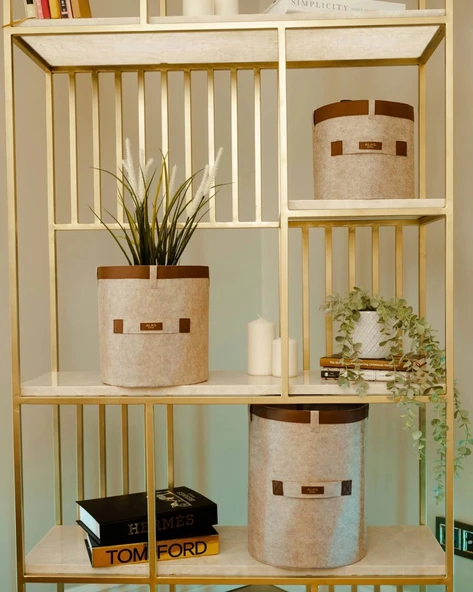 Deri Şeritli Yuvarlak Çok Amaçlı Düzenleyici Organizer Kutu Keçe Sepet (maxi) 03815 - Resim 4