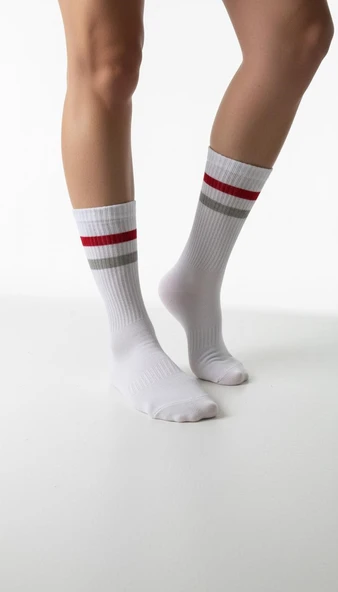 Kadın 2’li Tenis Çorabı Seti – Siyah & Beyaz Çizgili Spor Çorap – Nefes Alabilir Pamuklu - Resim 2