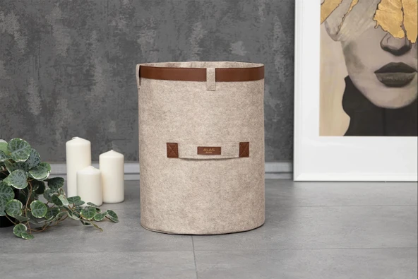 Deri Şeritli Yuvarlak Çok Amaçlı Düzenleyici Organizer Kutu Keçe Sepet (mega) 03877 - Resim 6