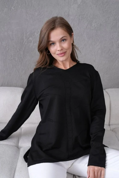 Kadın Yumuşak Dokulu V Yaka Triko Kazak - Resim 10