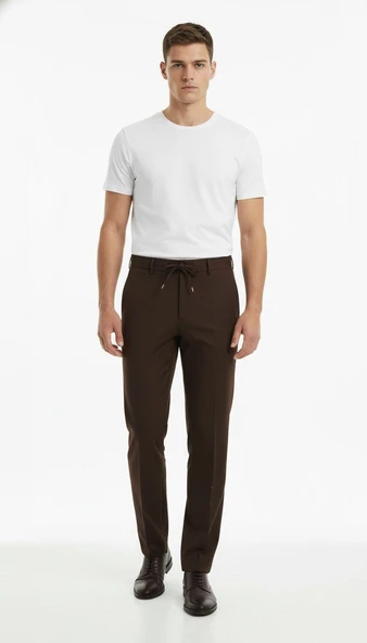 Erkek Bağcıklı Lastik Belli Slim Fit Kumaş Pantolon – Rahat Kalıp, Günlük & Şık Kombin Pantolonu - Resim 3