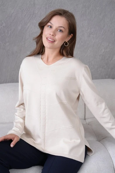 Kadın Yumuşak Dokulu V Yaka Triko Kazak - Resim 2