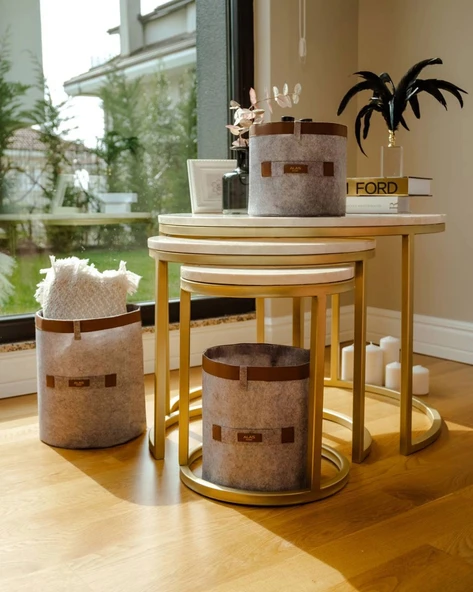 Deri Şeritli Yuvarlak Çok Amaçlı Düzenleyici Organizer Kutu Keçe Sepet (mini) 03822 - Resim 4