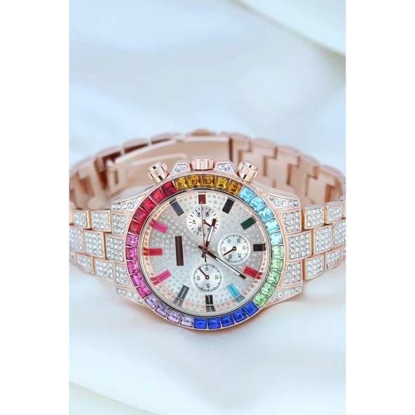 Clariss Trend Rose Metal Kordonlu Zirkon Taş Kaplama Renkli Taşlı Kasa Tasarımlı Lüx Kadın Kol Saati - Resim 2