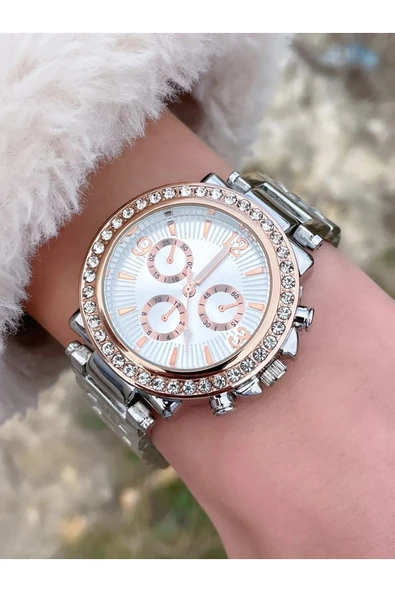 Zarif Ve Şık Özel Tasarım Zirkon Taşlı Metal Bayan Kol Saati (gümüş-gold) - Resim 2