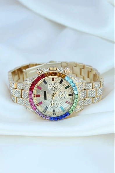 Clariss Trend Gold Metal Kordonlu Zirkon Taş Kaplama Renkli Taşlı Kasa Tasarımlı Lüx Kadın Kol Saati - Resim 2