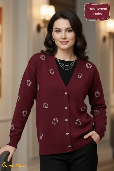 Kadın Triko Hırka Yumuşak V Yaka Kalpli Düğmeli Kazak - Resim 8
