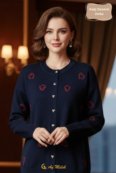 Kadın Triko Hırka Yumuşak V Yaka Kalpli Düğmeli Kazak - Resim 4