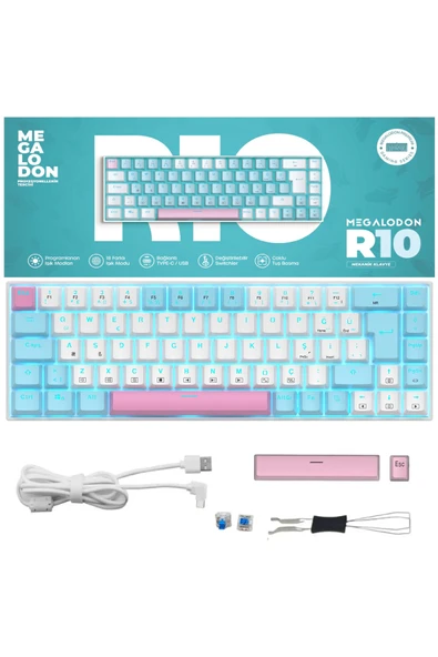 R10 Mekanik Klavye Full Anti-Ghosting Hot Swap Blue Switch Oyuncu Klavyesi (Türkçe) Buz Mavisi Işık ürün görseli 1