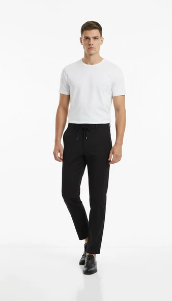 Erkek Bağcıklı Lastik Belli Slim Fit Kumaş Pantolon – Rahat Kalıp, Günlük & Şık Kombin Pantolonu - Resim 2