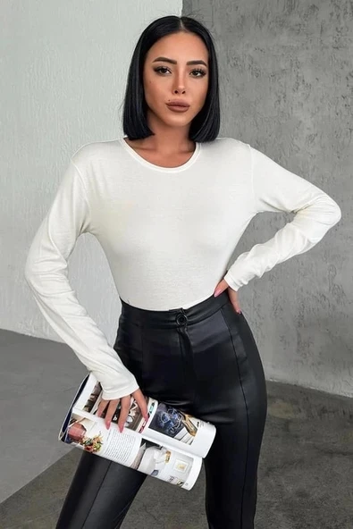 Rahat Ve Şık Uzun Kollu Bisiklet Yaka Likralı Viskon Penye Body Ekru ürün görseli