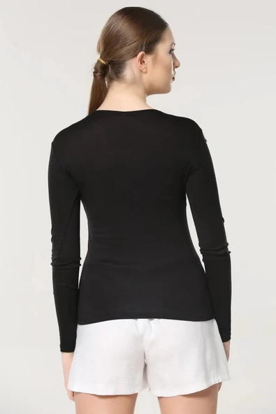 Rahat Ve Şık Uzun Kollu Bisiklet Yaka Likralı Viskon Penye Body Siyah - Resim 7