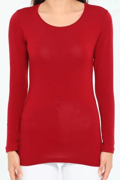 Rahat Ve Şık Uzun Kollu Bisiklet Yaka Likralı Viskon Penye Body Bordo - Resim 7