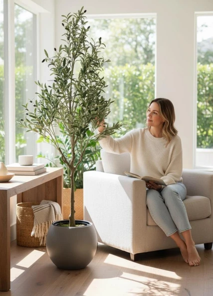 Yapay Zeytin Ağacı 185cm Doğal Görünümlü Yapay Ağaç Mokka Renk 30cm Küre Saksıda - Resim 4