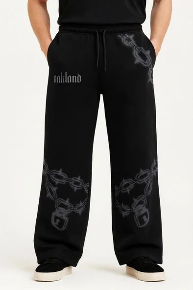 MDB Erkek Üç İplik Pamuklu Baskılı Cepli Jogger Buggy Pantalon Oversize Kalıp  iyah - Resim 2