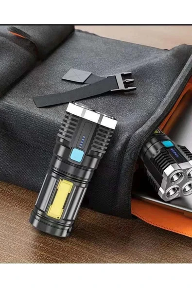 Ultra Parlak El Feneri Usb Şarj 4 Led+yan Cob Led Taktik Günlük Hayat Kamp Avcılık El Feneri - Resim 4