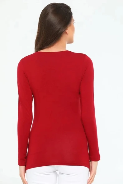 Rahat Ve Şık Uzun Kollu Bisiklet Yaka Likralı Viskon Penye Body Bordo - Resim 8