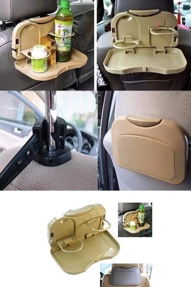 Araç İçi Koltuk Arkası Katlanabilir Bardak Tutuculu Bej Tepsi ürün görseli