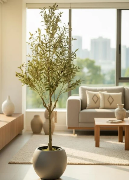 Yapay Zeytin Ağacı 185cm Doğal Görünümlü Yapay Ağaç Mokka Renk 30cm Küre Saksıda - Resim 2