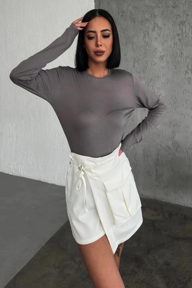 Rahat Ve Şık Uzun Kollu Bisiklet Yaka Likralı Viskon Penye Body Füme - Resim 2