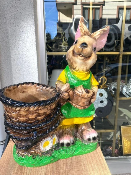 Dekoratif Sepetli Saksılı Tavşan Bahçe Heykeli , Biblosu 48 Cm - Resim 3