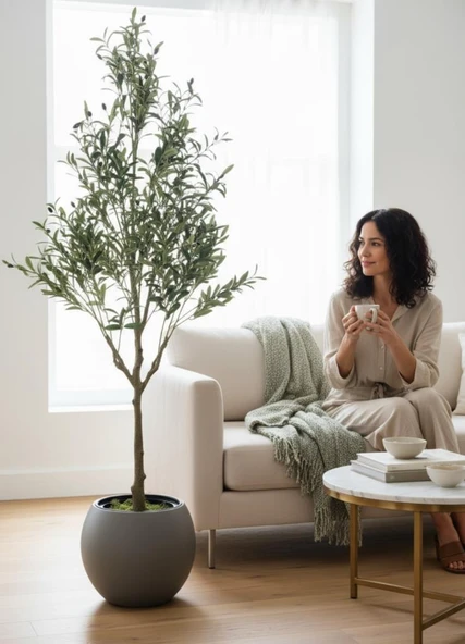 Yapay Zeytin Ağacı 185cm Doğal Görünümlü Yapay Ağaç Mokka Renk 30cm Küre Saksıda - Resim 6