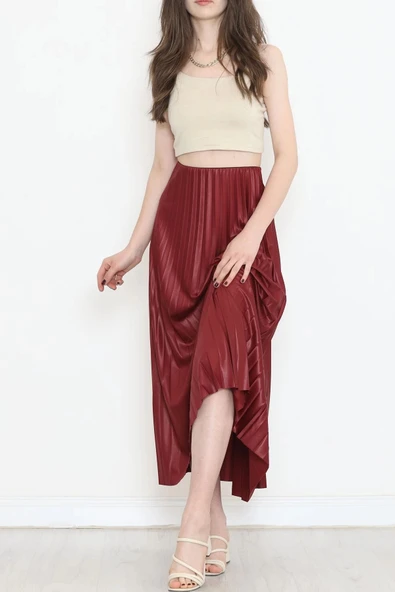 Zarif Ve Modern Pileli Parlak Krep Gizli Lastikli Bordo Etek - Resim 5