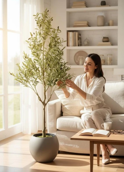 Yapay Zeytin Ağacı 185cm Doğal Görünümlü Yapay Ağaç Mokka Renk 30cm Küre Saksıda - Resim 3