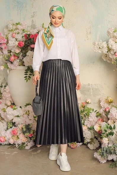 Zarif Ve Modern Pileli Parlak Krep Gizli Lastikli Siyah Etek - Resim 7