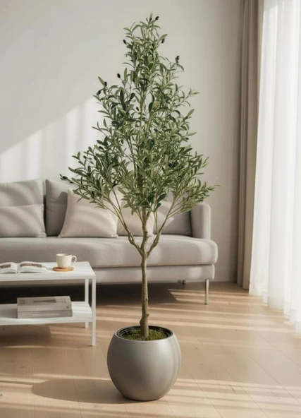 Yapay Zeytin Ağacı 185cm Doğal Görünümlü Yapay Ağaç Mokka Renk 30cm Küre Saksıda ürün görseli