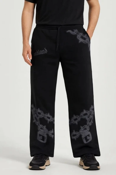 MDB Erkek Üç İplik Pamuklu Baskılı Cepli Jogger Buggy Pantalon Oversize Kalıp  iyah ürün görseli 1