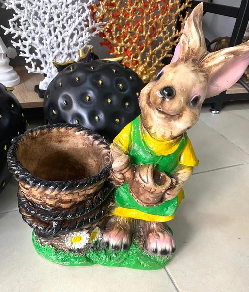 Dekoratif Sepetli Saksılı Tavşan Bahçe Heykeli , Biblosu 48 Cm - Resim 4