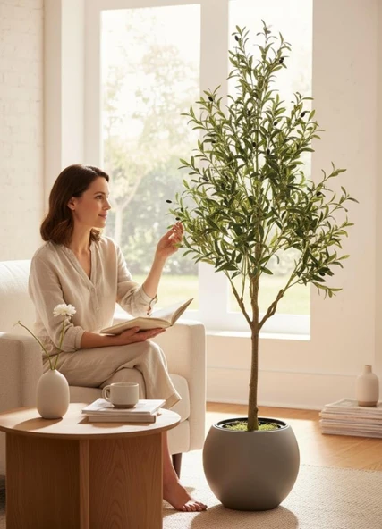 Yapay Zeytin Ağacı 185cm Doğal Görünümlü Yapay Ağaç Mokka Renk 30cm Küre Saksıda - Resim 5