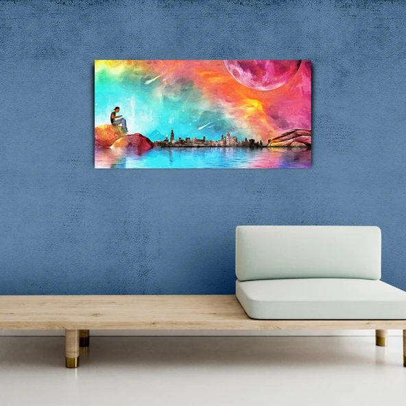 Deniz , Ay ve Şehir Silüeti Kanvas Tablo 60 x 120 ürün görseli 1