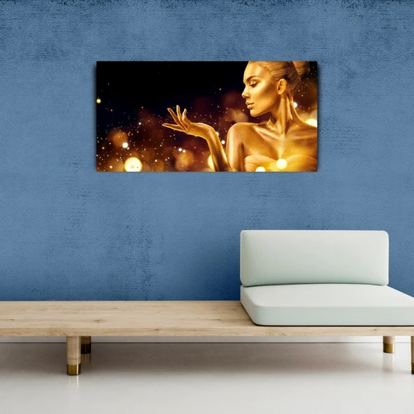 Altın Sarısı tonlarda Kadın ve Su Damlacıkları Kanvas Tablo 60 x 120 - Resim 3
