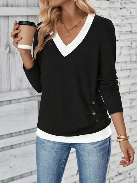 MDB Kadın Uzun Kollu V Yakalı Yandan Düğmeli Yün Viskon Bluz ürün görseli 1