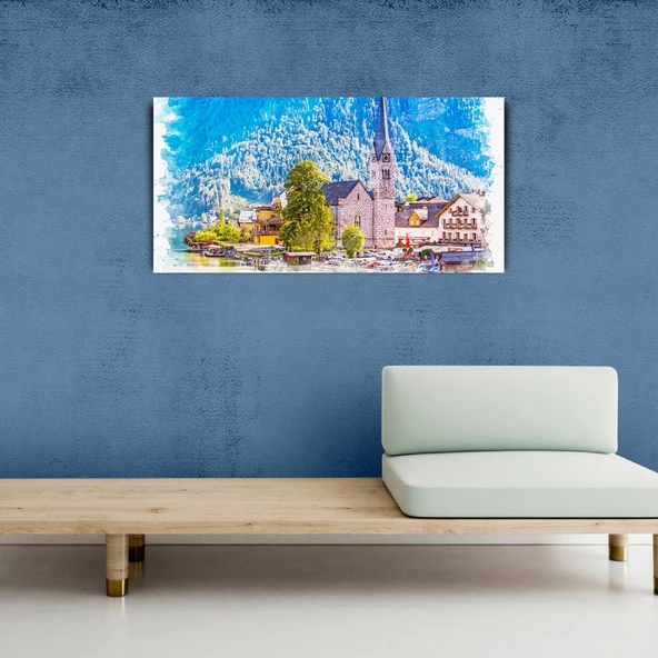 Dağ ve göl temalı Kasaba Yağlıboya Görünümlü Kanvas Tablo 60 x 120 ürün görseli 1