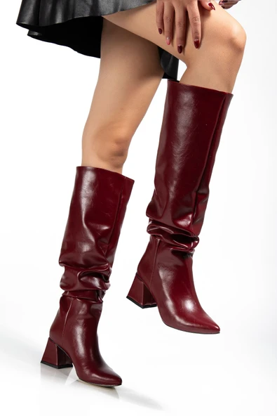 SYT-2002 Bordo Kırışık Rugan Körüklü Kalın Topuklu Günlük Bayan Çizme - Resim 6