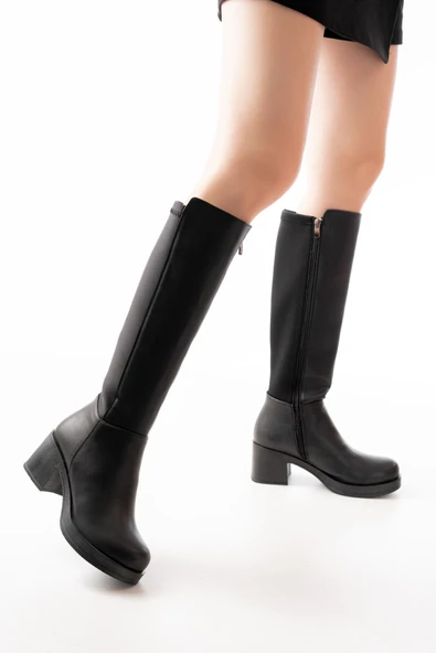 5109-3060 Siyah Topuklu Fermuarlı Günlük Kadın Çizme - Resim 2