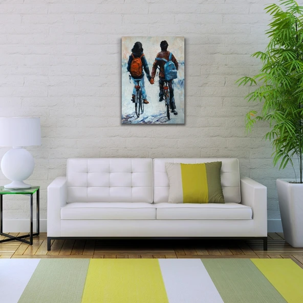 Elele Bisiklet Süren Sevgililer Yağlıboya Kanvas Tablo 50 x 70 - Resim 2