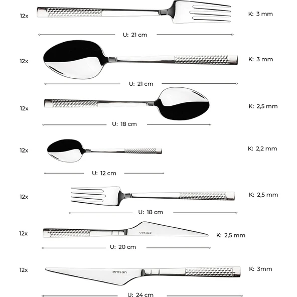 Emsan Side 84 Parça Lüks Kutulu 12 Kişilik Çatal Kaşık Bıçak Seti - Resim 9