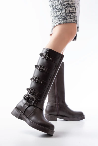 Kahverengi Düz Topuklu Günlük Bayan Binici Çizme - Resim 3