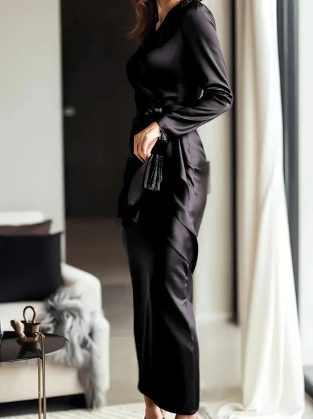 MDB Kadın Uzun Kollu Kruvaze Yakalı Beli Kuşaklı Uzun Saten Elbise - Resim 2