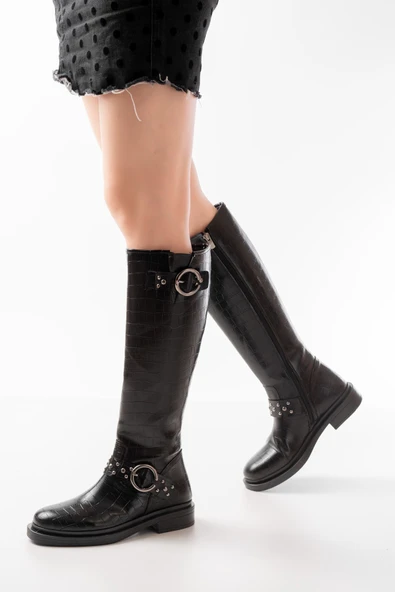 2024-3004 Siyah Kroko Toka Aksesuarlı Lastikli Fermuarlı Günlük Kadın Çizme - Resim 2