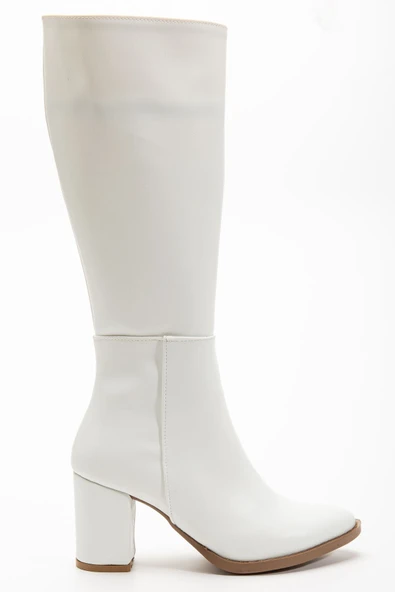 YSN-4422 Beyaz Cilt Topuklu Kadın Çizme - Resim 5